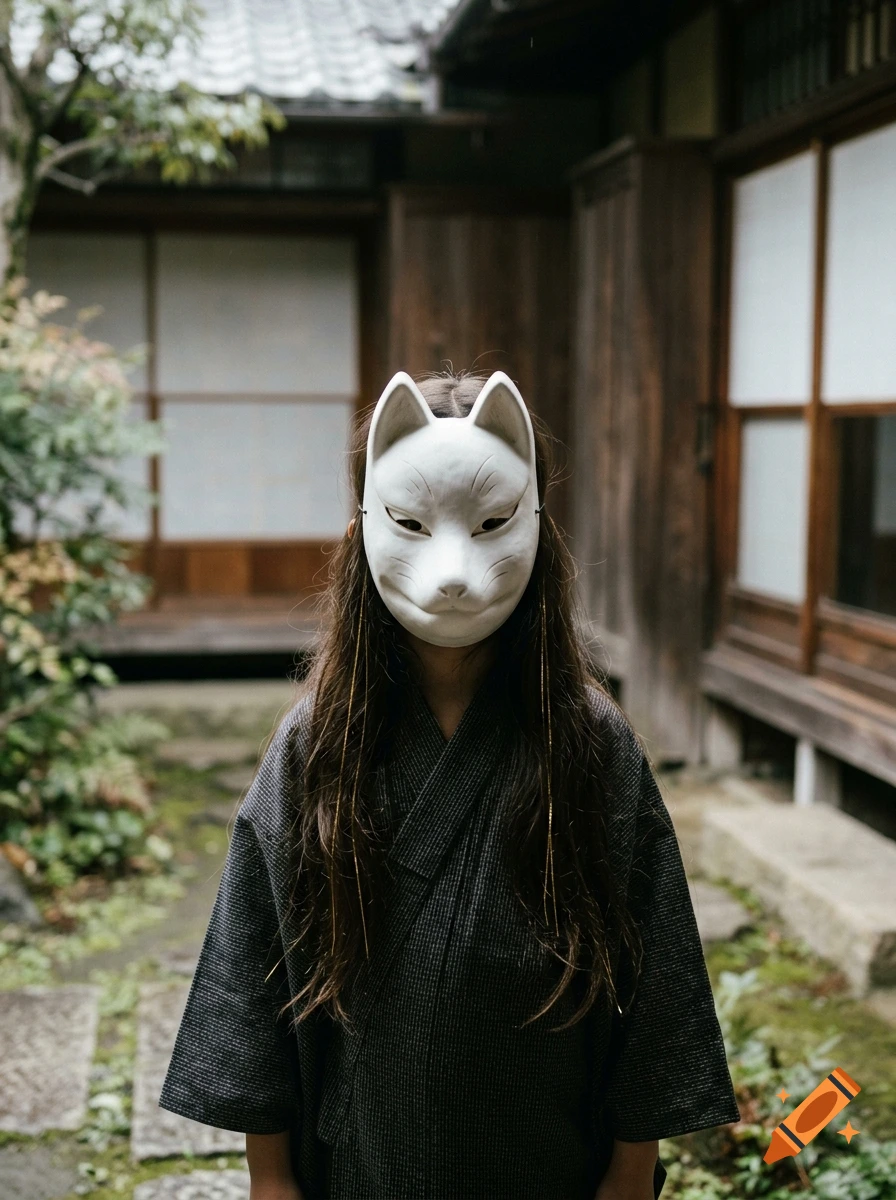 A young girl with long dark hair wearing a white fox mask and a dark gray patterned kimono in a traditional Japanese building.