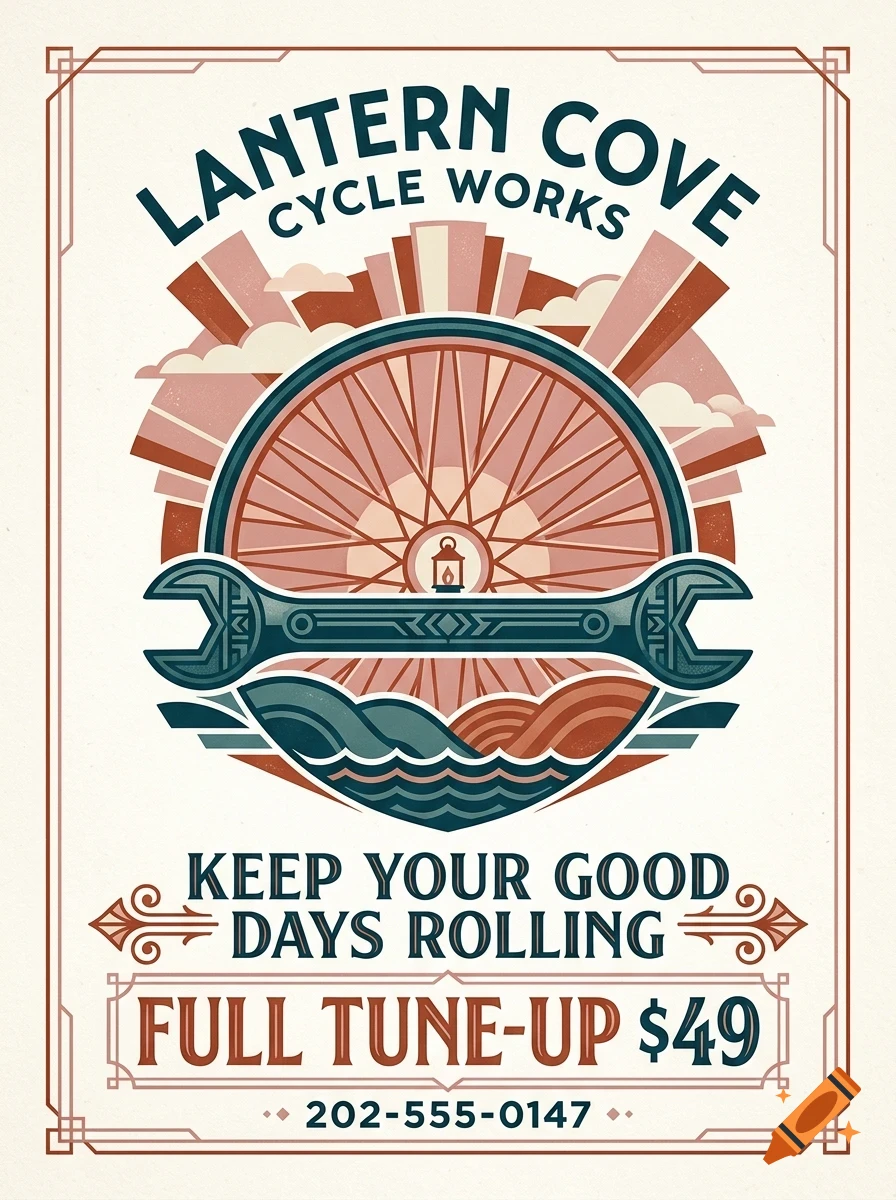 Vintage poster for Lantern Cove Cycle Works featuring a bicycle wheel, wrench, and abstract landscape elements with text.