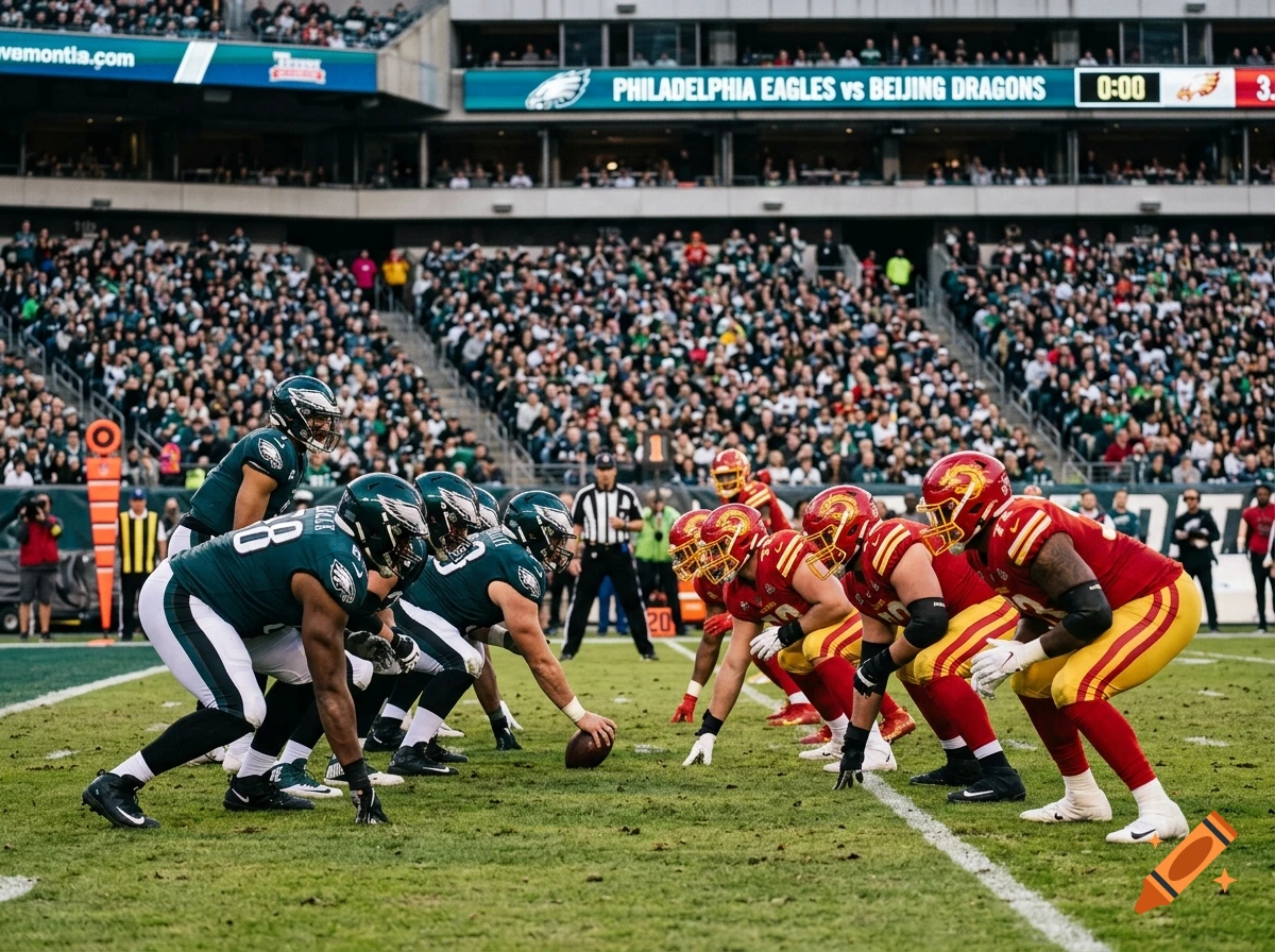 Photorealistic image of an American football game with teams lining up at the scrimmage line in a packed stadium.