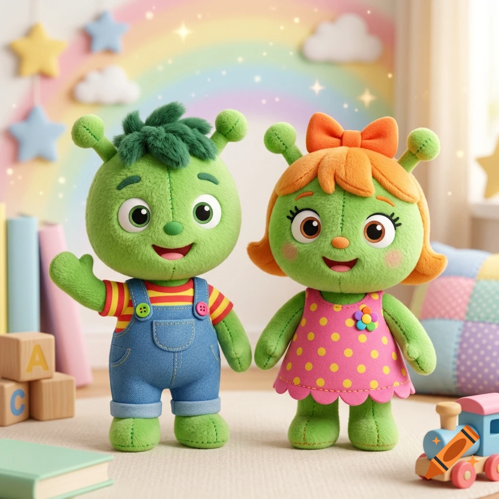 Two green plush alien characters with cheerful expressions, standing in a playroom with a rainbow painted on the wall.