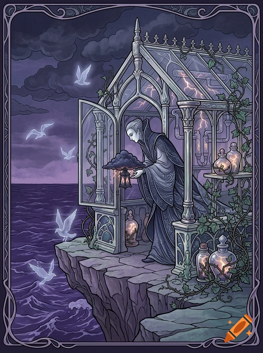An illustration of a pale robed figure standing in a glass greenhouse on a cliff edge, holding a lantern with a miniature storm cloud and lightning inside, overlooking a purple sea with glowing birds.