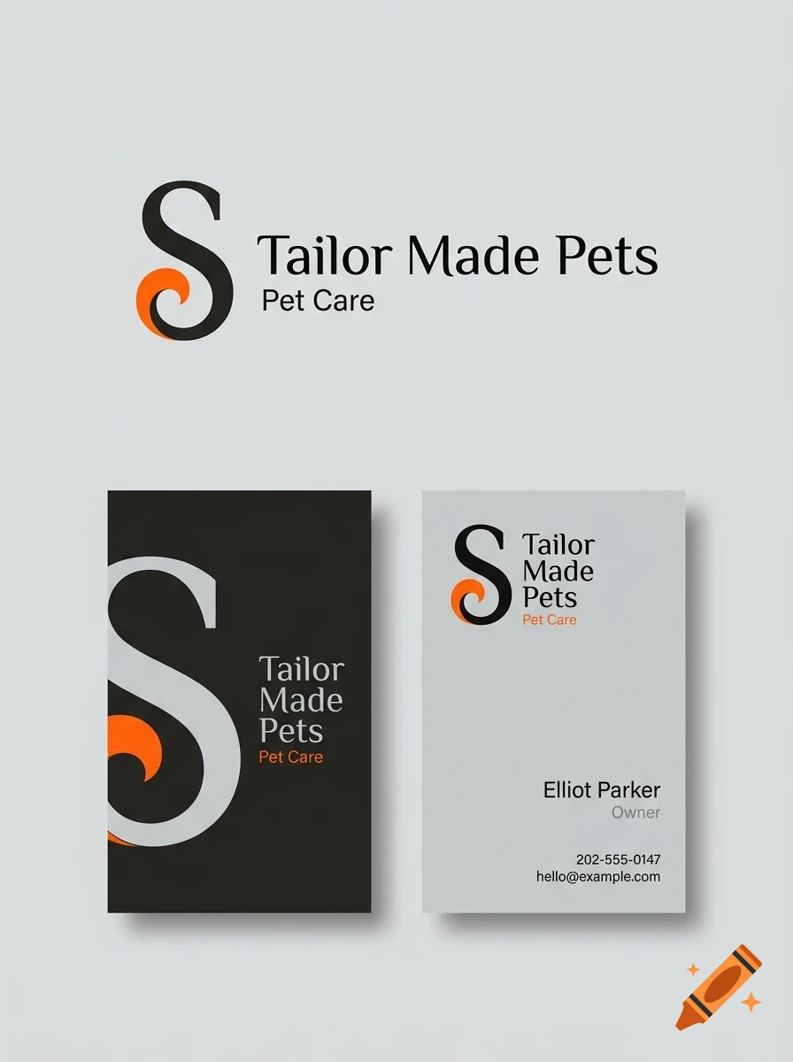 Branding mockup displaying a logo with the letter S, text Tailor Made Pets Pet Care, and business cards.