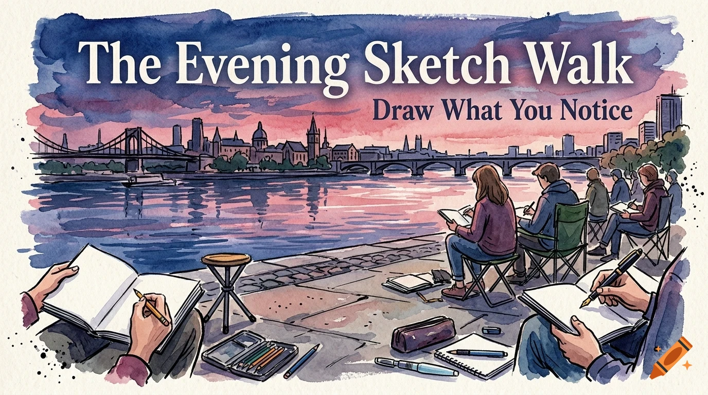 An illustrated poster titled The Evening Sketch Walk with people sketching a city waterfront at sunset.