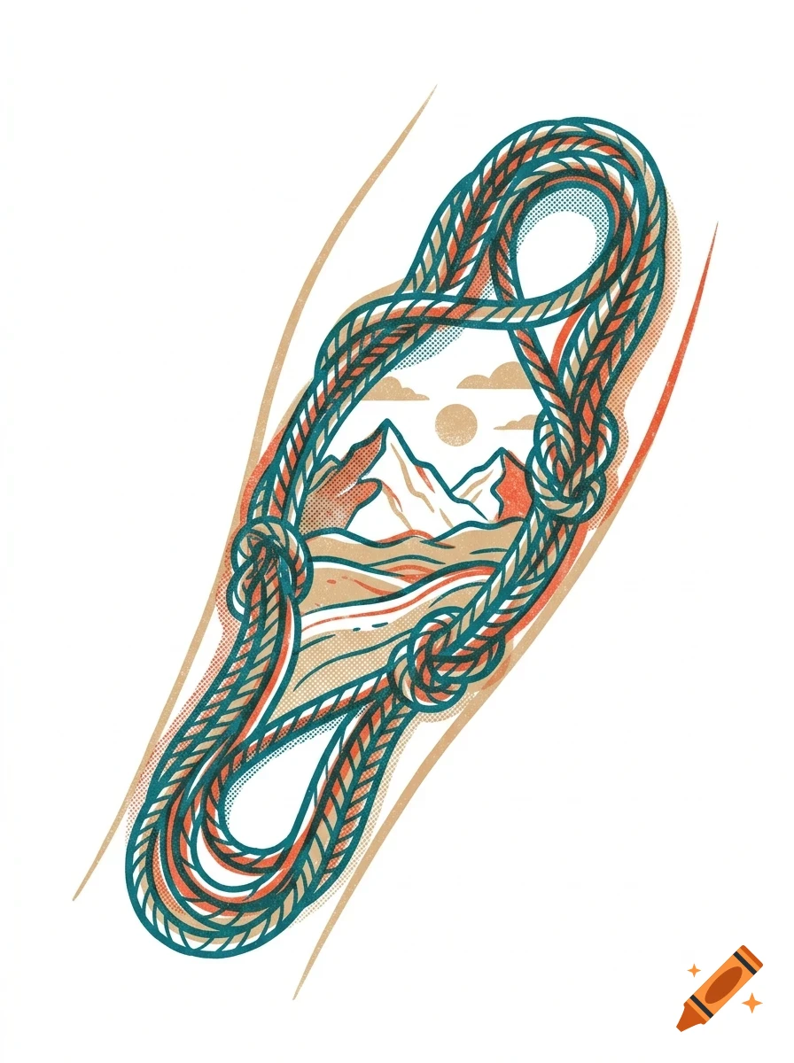 An illustrated design of a looped climbing rope framing a mountain landscape with sun and clouds.