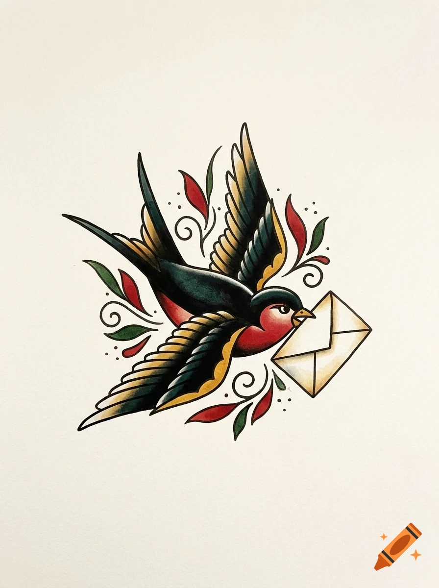 Traditional tattoo-style illustration of a swallow carrying an envelope in its beak.