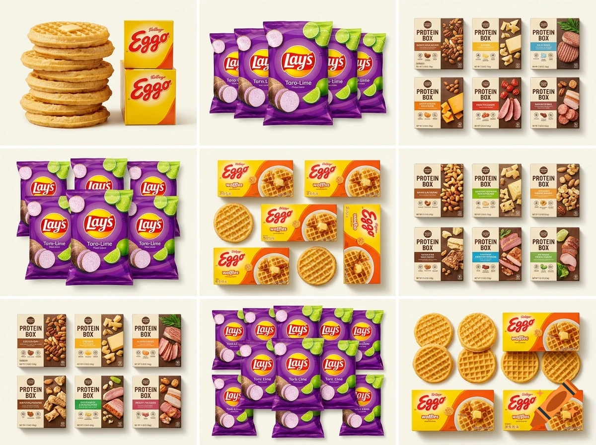 A 3x3 grid collage showing various grocery products including Eggo waffles, Lay's Taro-Lime chips, and protein boxes.
