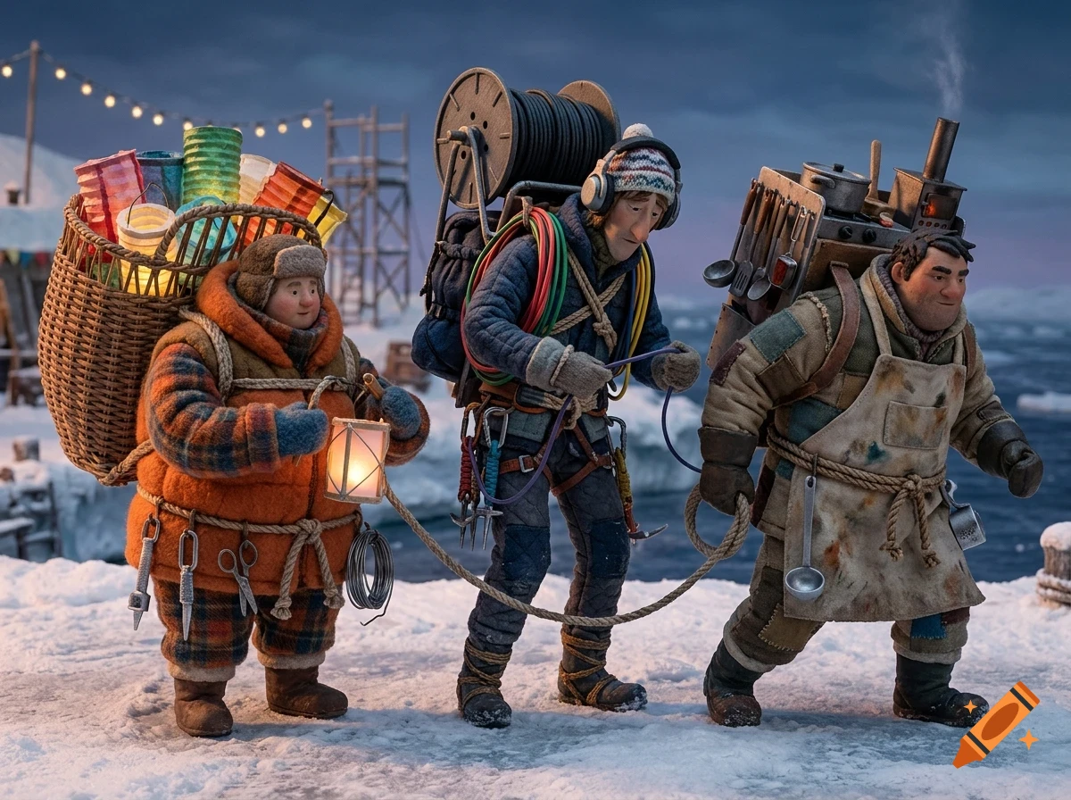 Three stylized characters in winter gear walking across a snowy landscape, carrying heavy backpacks with lanterns, cables, and kitchen equipment.