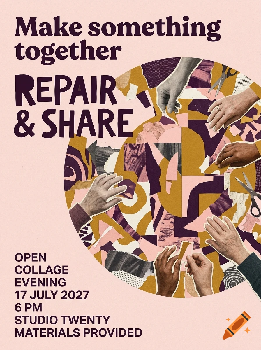 A poster featuring people's hands working on a collage with text that reads Make something together, Repair and share, and an event schedule.