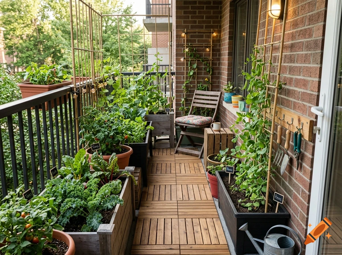 A lush urban balcony garden filled with various potted vegetables, climbing plants on trellises, wooden decking, and gardening tools.