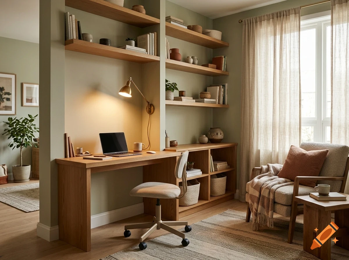 A cozy, well-lit home office nook with wooden shelving, a desk with a laptop, a desk lamp, and a comfortable armchair.