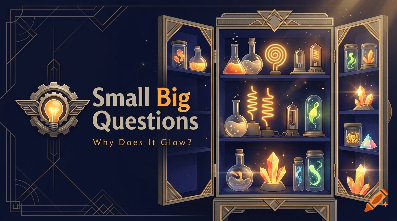 An illustrated cabinet containing glowing flasks, jars, and crystals, alongside the text 'Small Big Questions Why Does It Glow?'