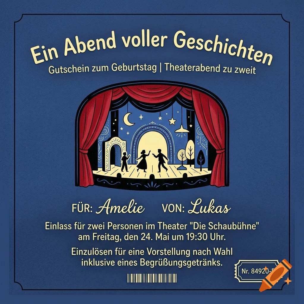 A theater gift voucher design in blue with red curtains and silhouettes of people on a stage under a starry sky.