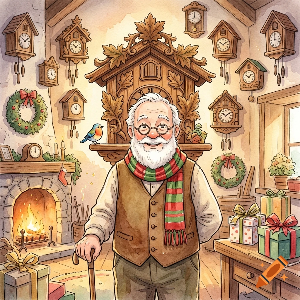 Watercolor children's book illustration of a joyful elderly clockmaker with a white beard and glasses in a cozy clock shop.