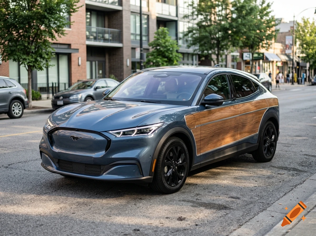 Photorealistic blue Ford Mustang Mach-E with simulated wood paneling parked on a city street.