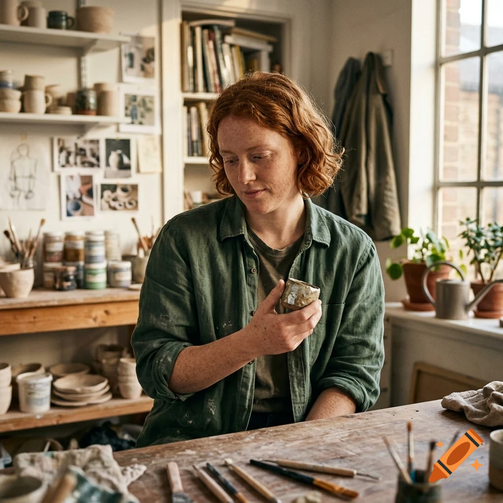 A red-haired person in a green shirt examining a small ceramic cup in a pottery studio.