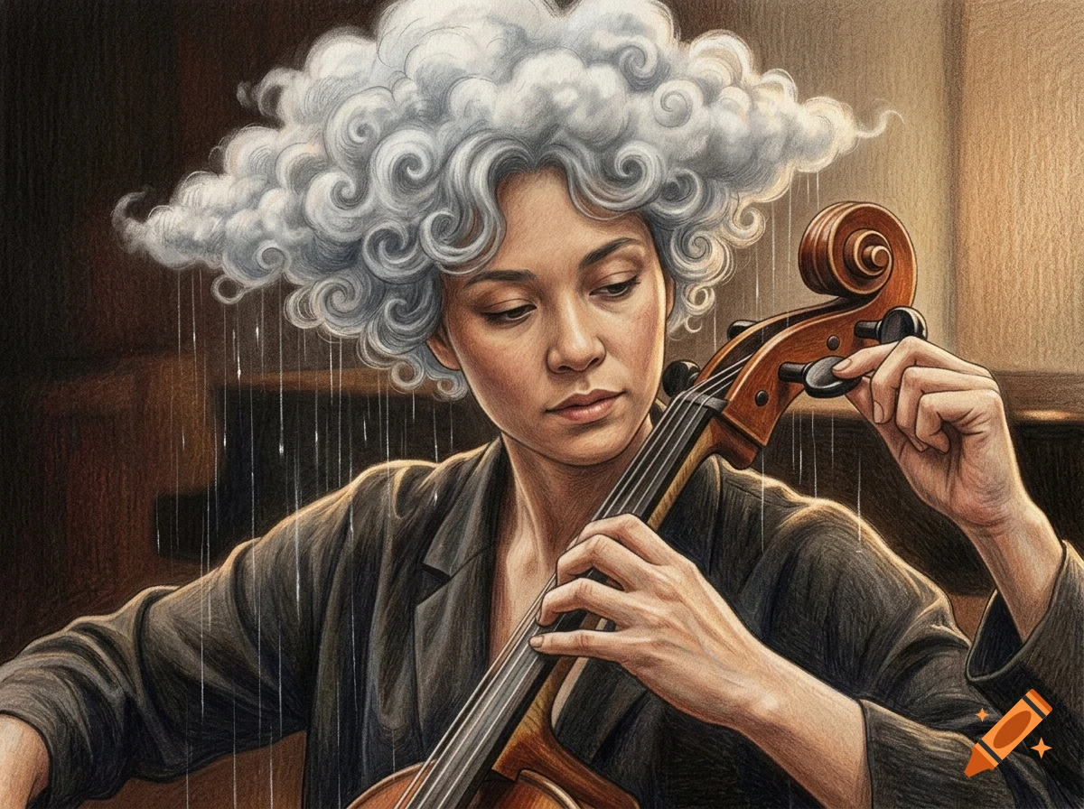 A close-up portrait of a cellist tuning their instrument, with a surreal cloud of swirling gray hair raining down water drops.