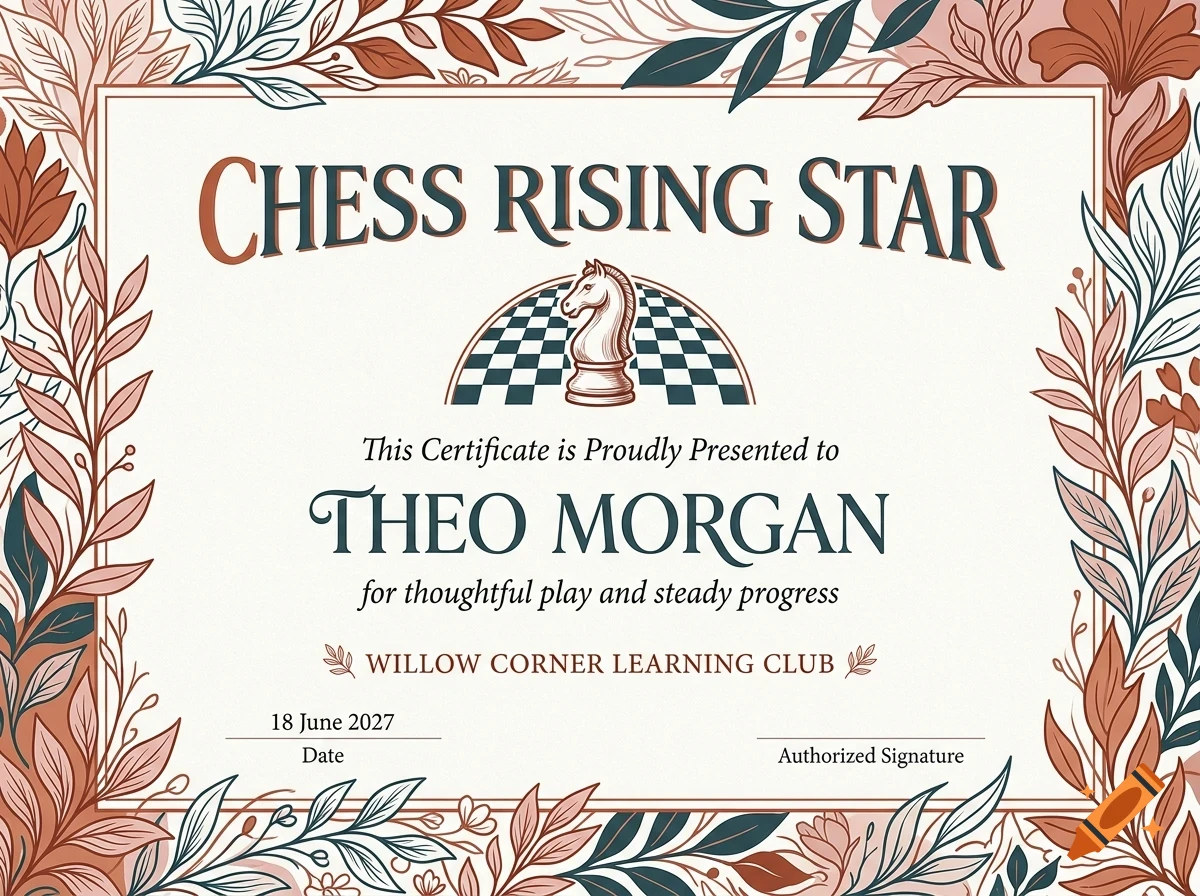 An award certificate titled 'Chess Rising Star' featuring a chess knight icon, decorative floral border, and text presented to Theo Morgan.