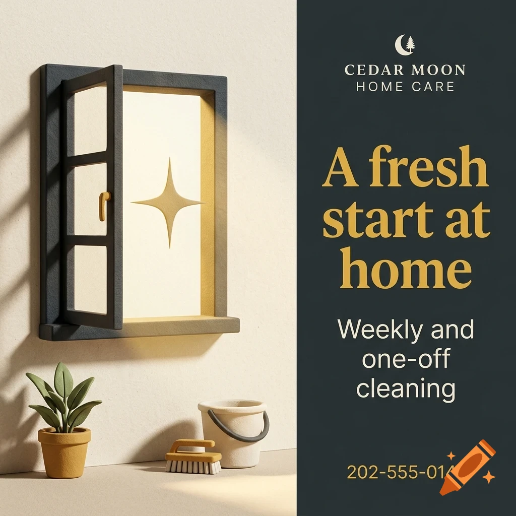 An advertisement for Cedar Moon Home Care featuring an open window model, a small potted plant, a bucket, and a brush on the left, with text and logo on the dark right side.