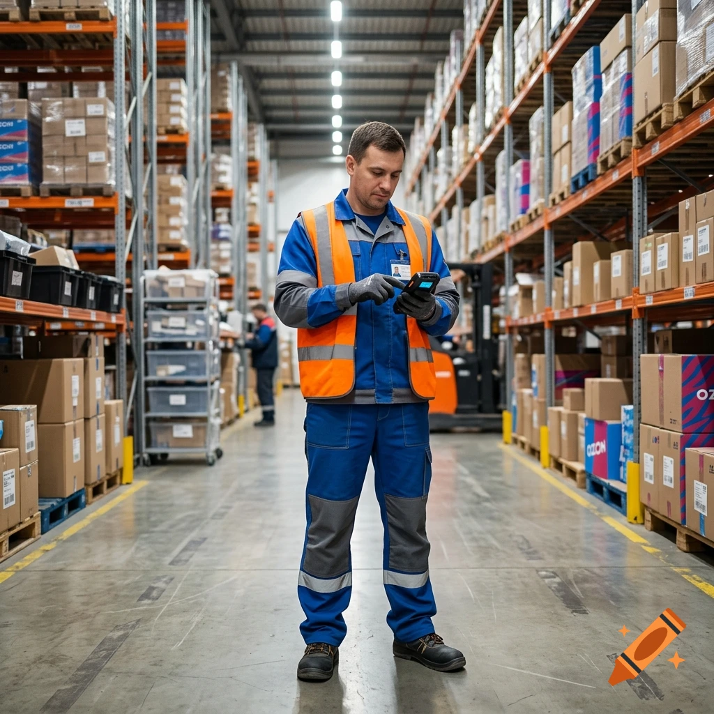 A warehouse worker wearing a blue uniform and orange vest holding a handheld scanner, standing in a large warehouse aisle with shelves of goods.