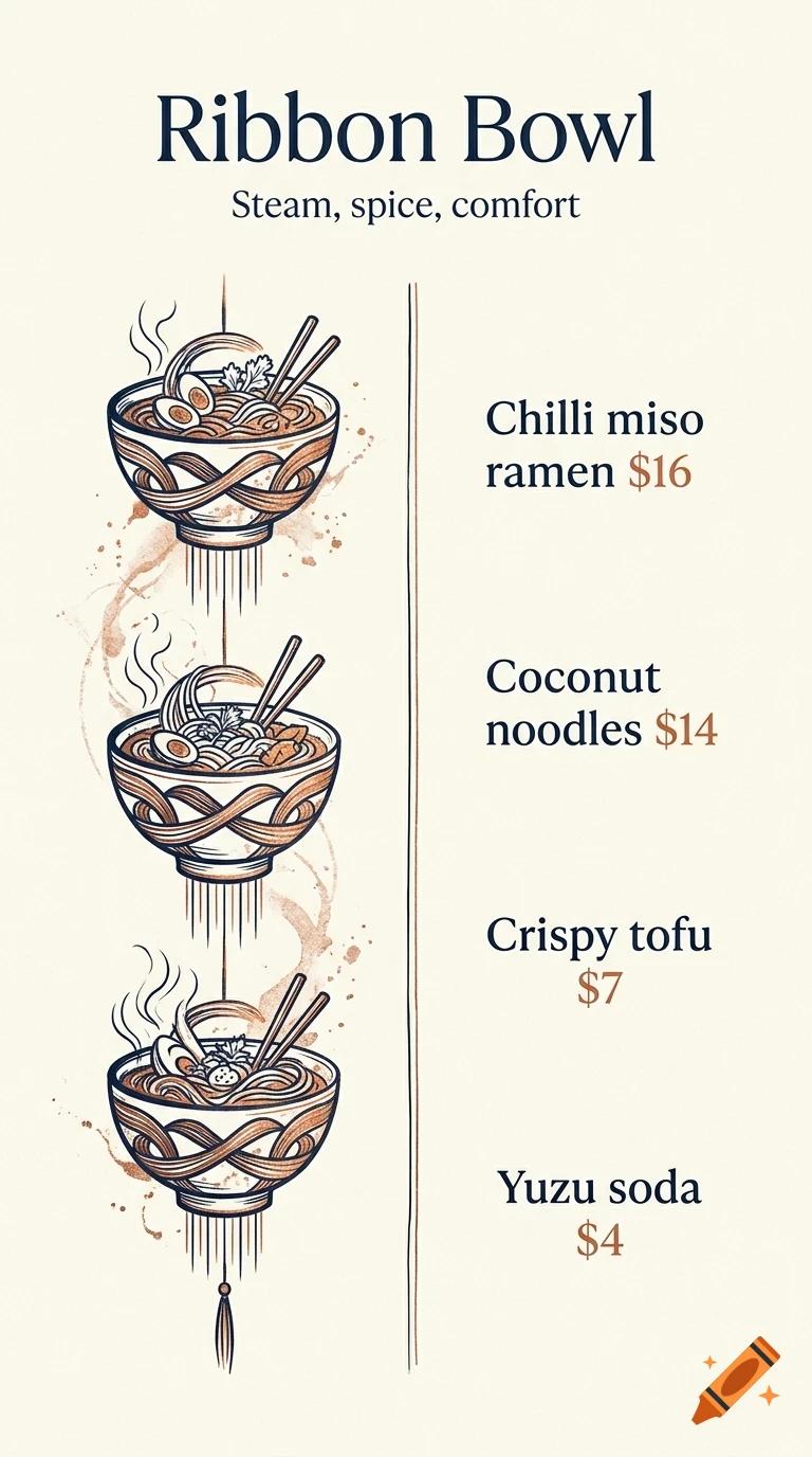 An illustrated restaurant menu titled Ribbon Bowl with noodle dishes, prices, and line drawings of bowls of ramen.