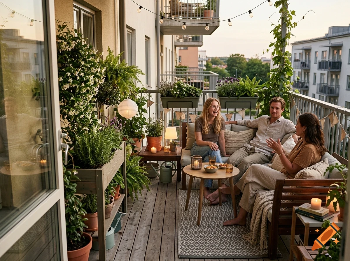 Three friends relaxing and talking on a cozy apartment balcony filled with lush green plants, string lights, and comfortable seating.
