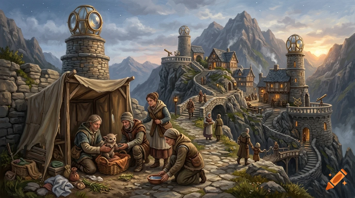 A detailed fantasy illustration of people in a mountainous village with stone buildings, towers, and winding pathways.