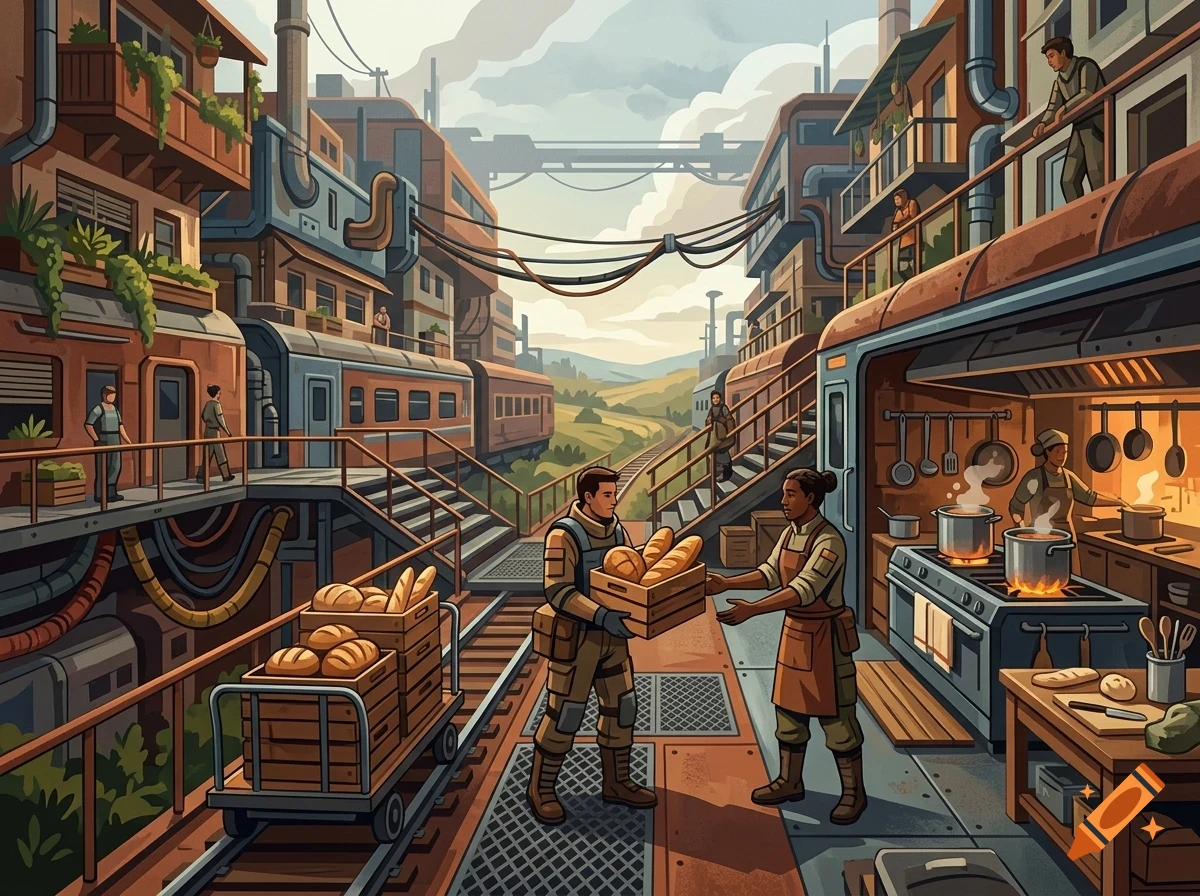 An industrial town street with railway tracks where people are trading crates of bread and cooking in a kitchen.