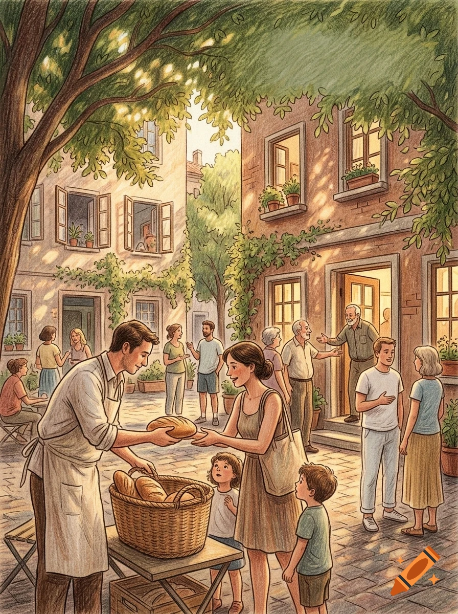 An illustrated street scene where a baker hands bread to a woman while children and neighbors gather in a European-style courtyard.