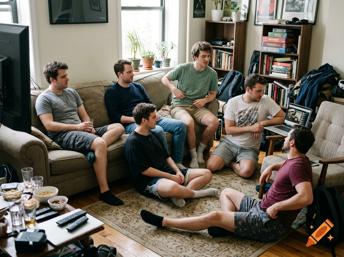 Photorealistic image of six adult male friends hanging out in a living room, some sitting on a couch and floor.