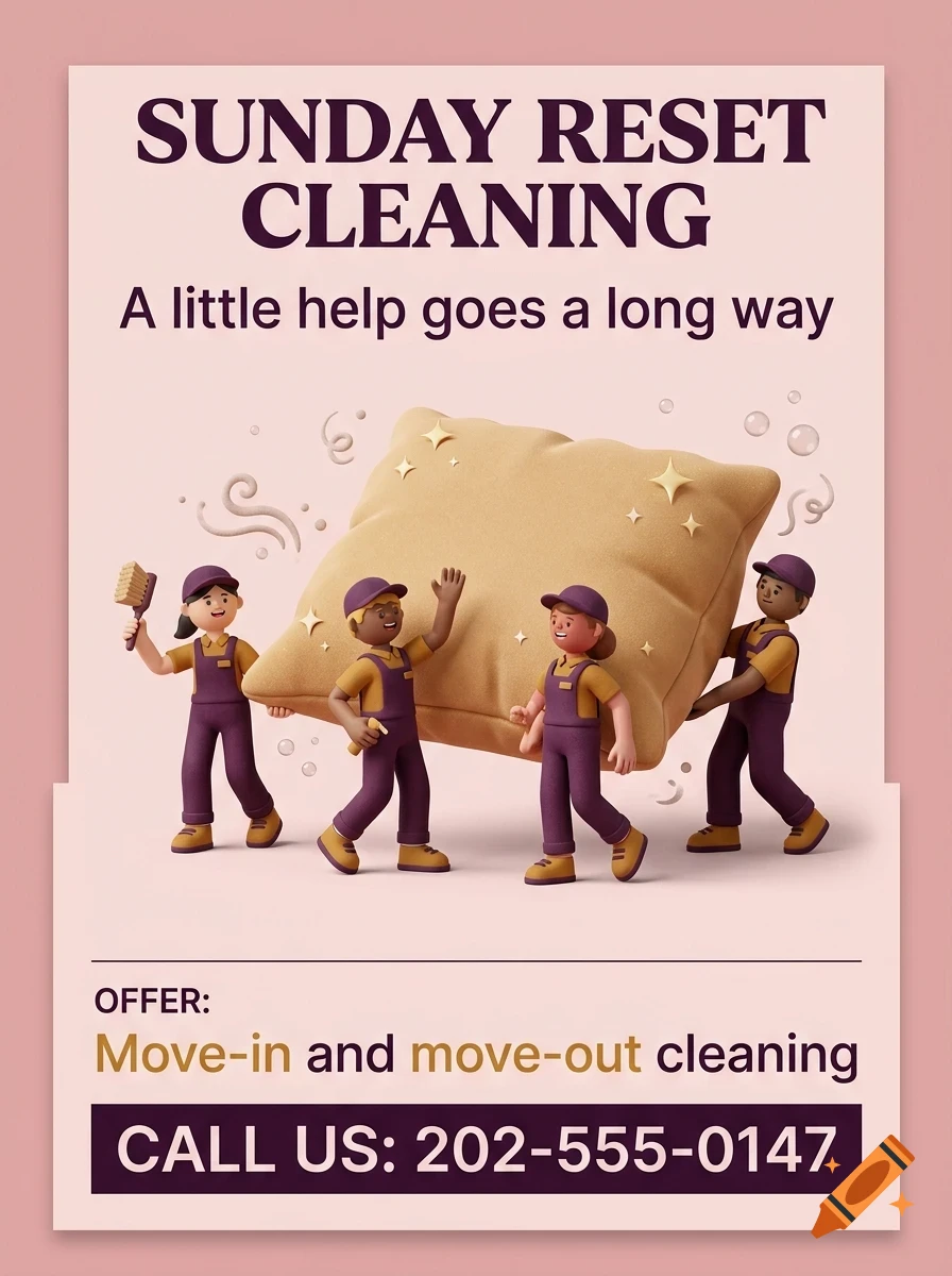 An advertisement for Sunday Reset Cleaning featuring four small characters carrying a large cushion and cleaning text.