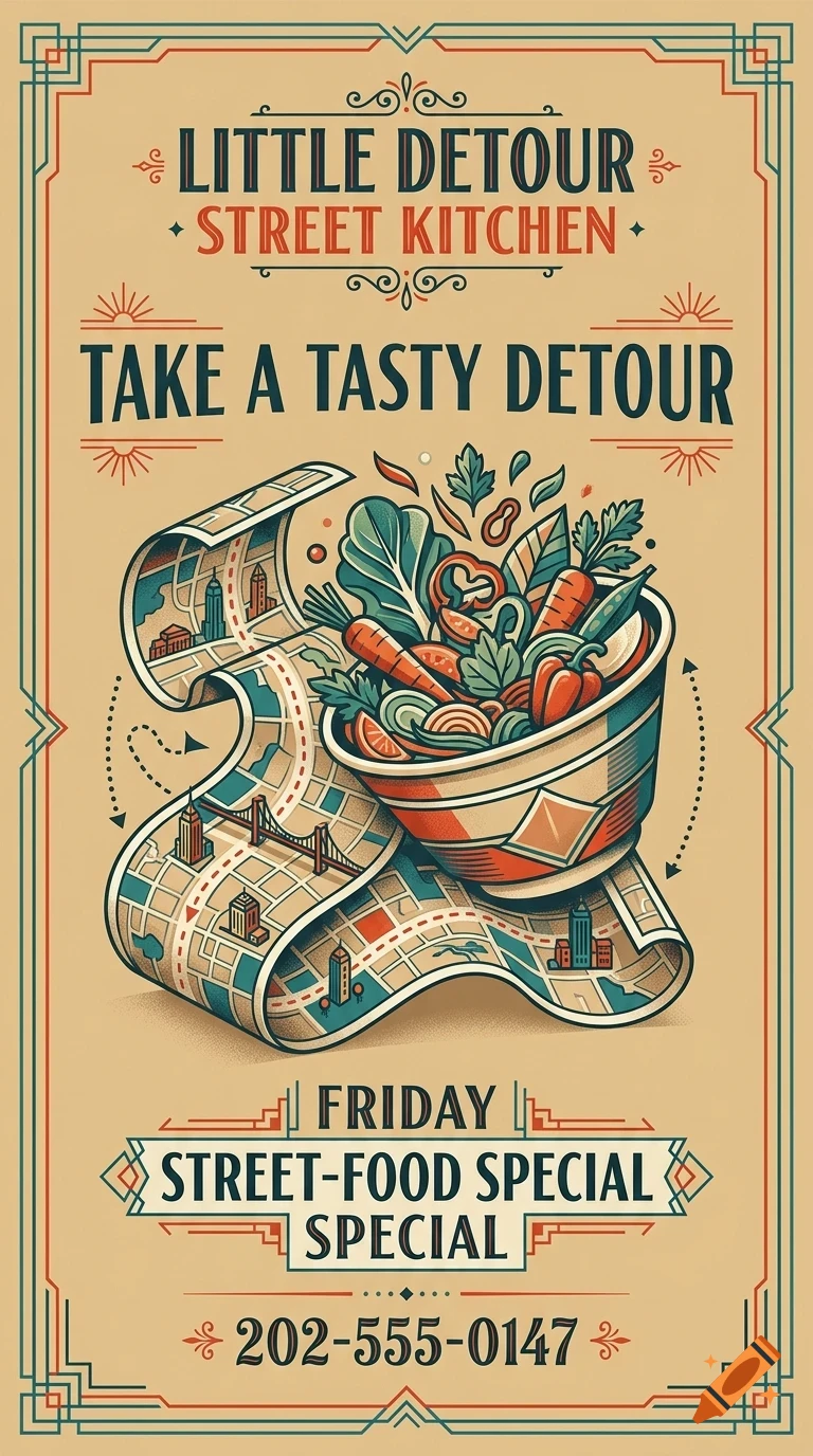 Vintage poster for Little Detour Street Kitchen featuring a bowl of fresh vegetables and a map.