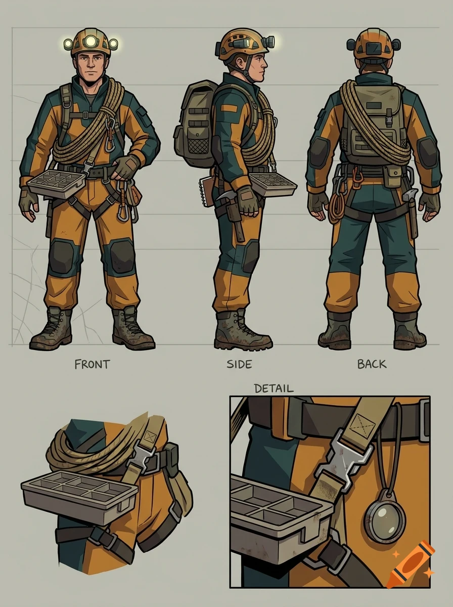 Character design sheet showing front, side, and back views of a caver in yellow and dark teal gear with a helmet and headlamp.