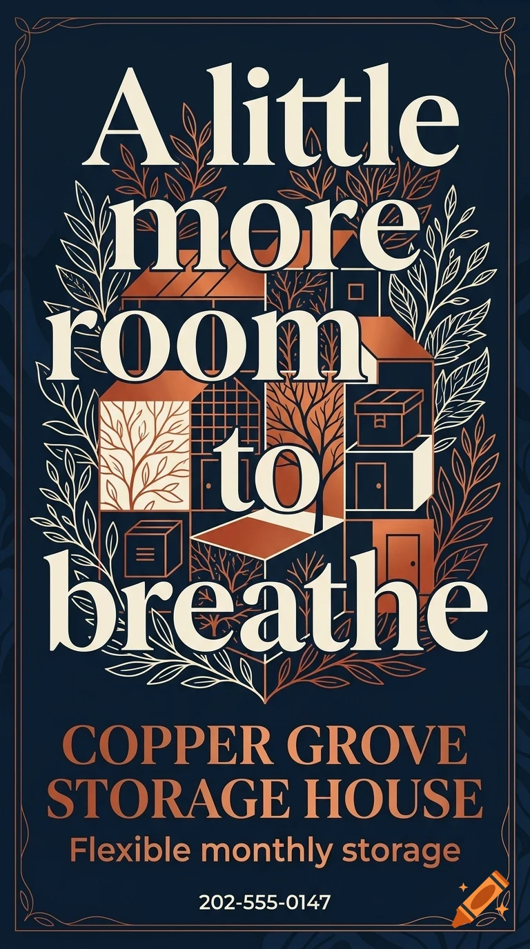An advertisement featuring bold lettering reading A little more room to breathe, over stacked house and storage illustrations, with text at the bottom.