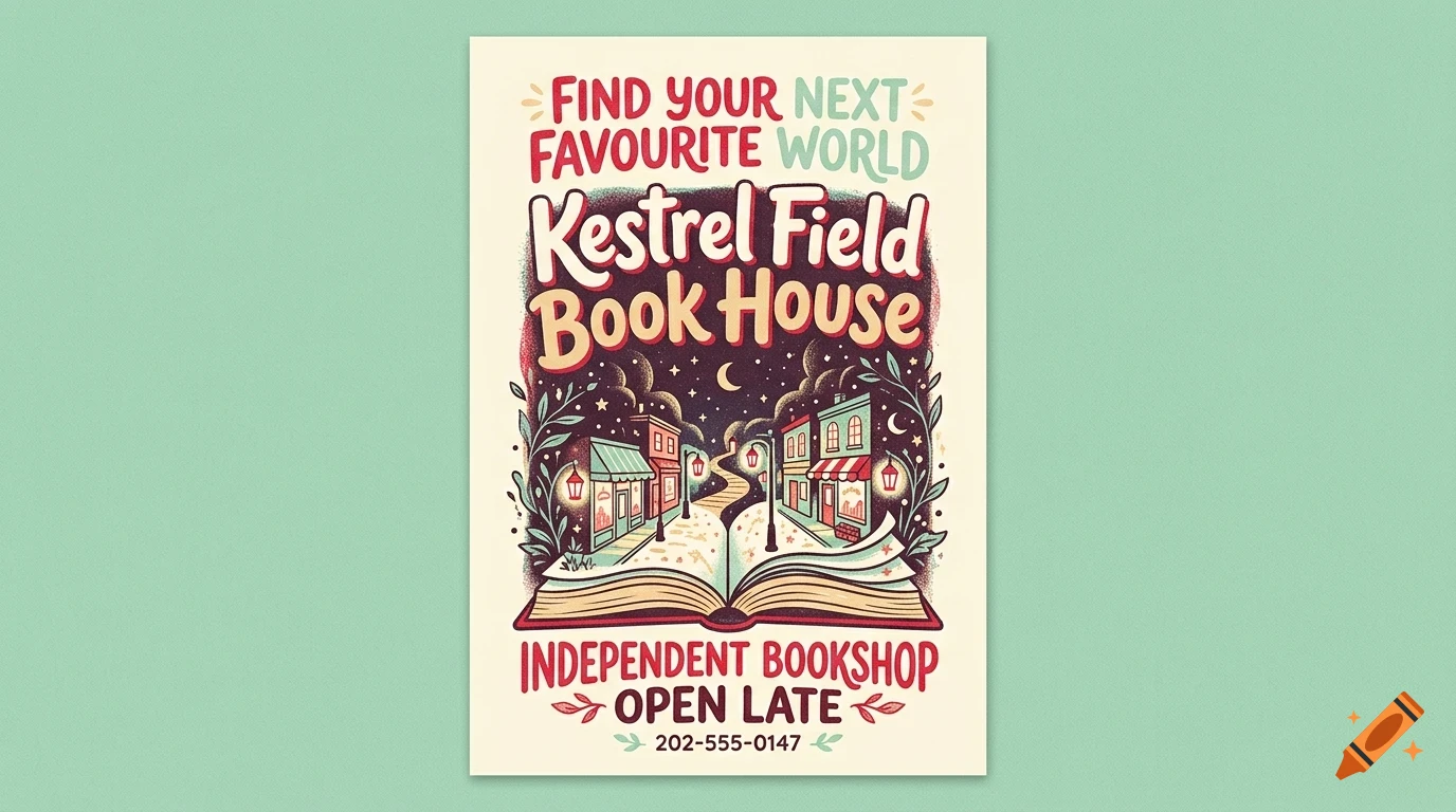 An illustrated poster for Kestrel Field Book House depicting an open book with a miniature town emerging from its pages, surrounded by lettering and stars.