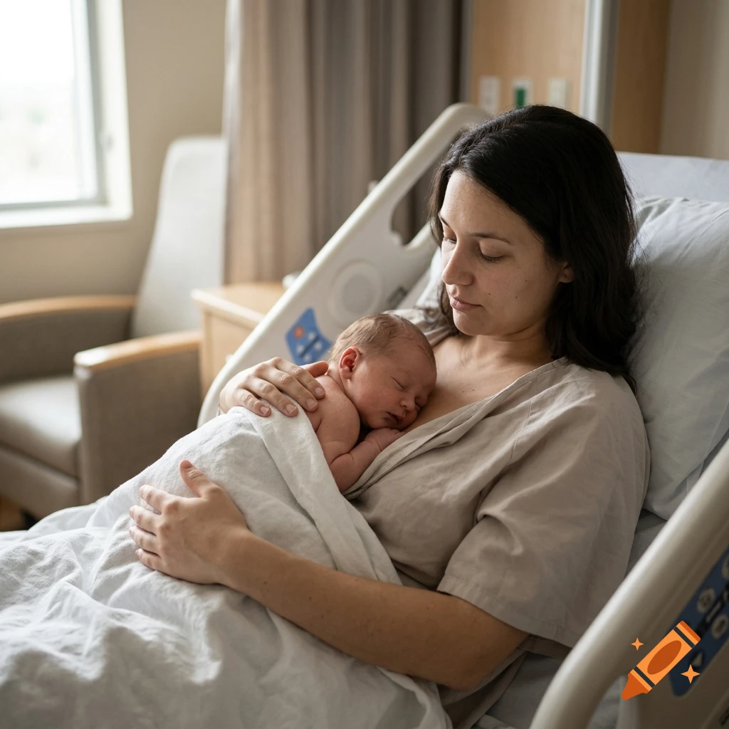 Photorealistic image of a mother holding her newborn baby skin-to-skin in a hospital bed.