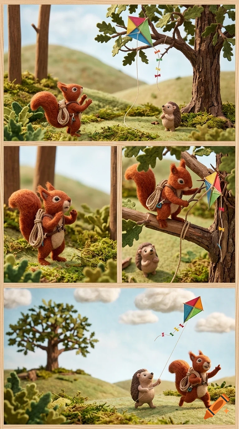 A multi-panel diorama featuring a felted squirrel and hedgehog in a grassy landscape with trees, where the squirrel rescues a kite stuck in a tree and they later fly it together.