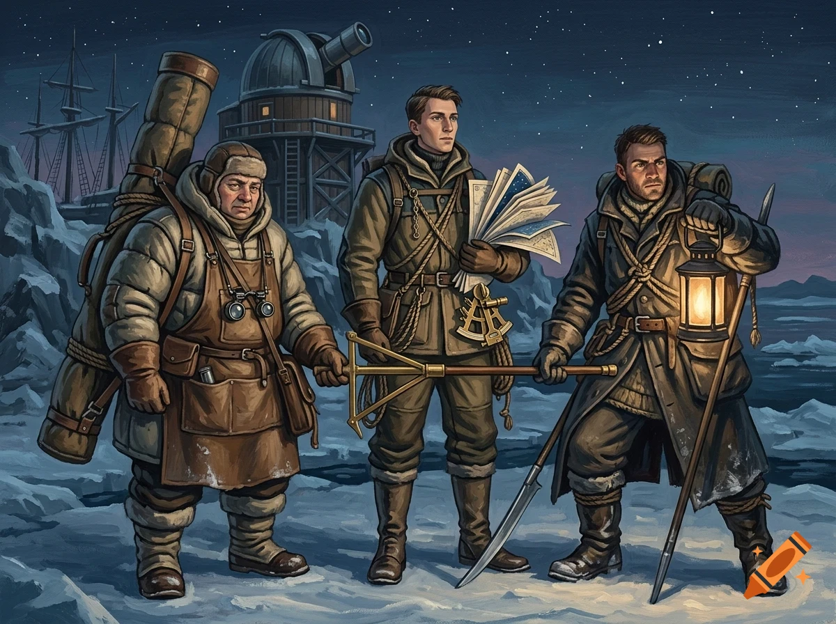 Three explorers in cold-weather gear stand outdoors at night, with an observatory and tall ship in the background.