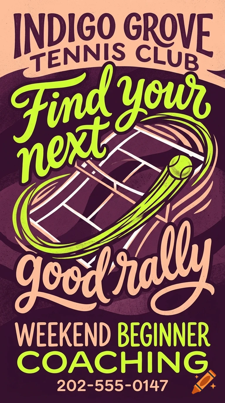 A stylized poster for Indigo Grove Tennis Club featuring a tennis court, a tennis ball, and lettering that reads Find your next good rally.