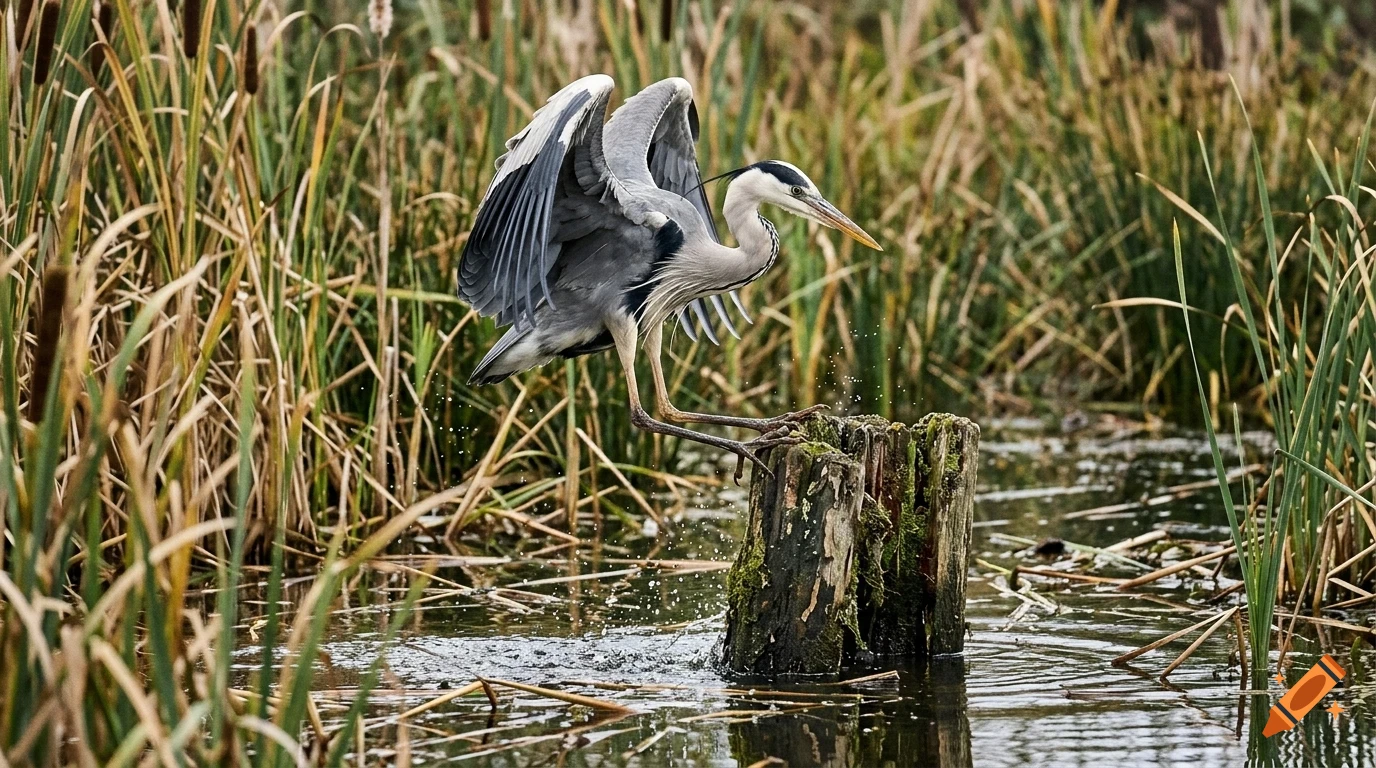 A grey heron landing on a wooden post in a marshy wetland surrounded by tall reeds.