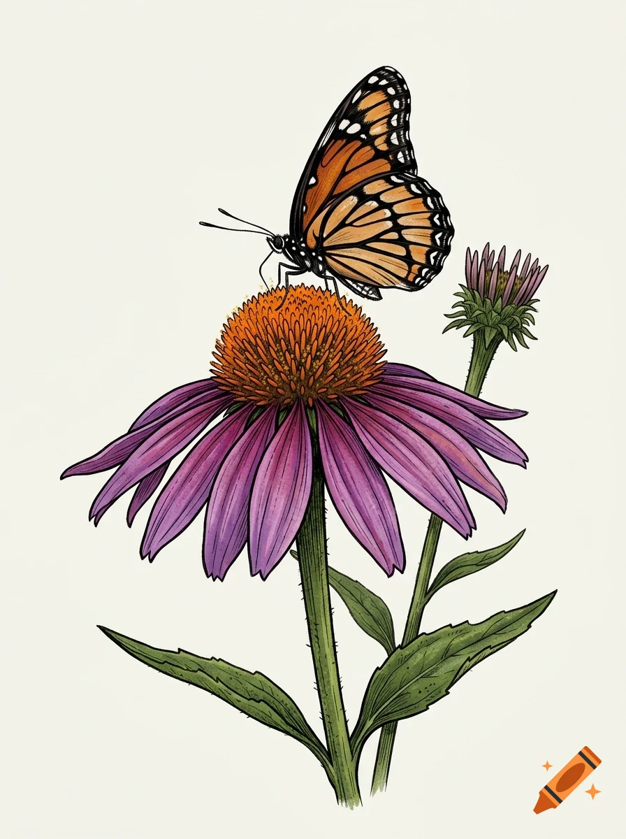 An illustration of a monarch butterfly perched on top of a purple coneflower blossom.