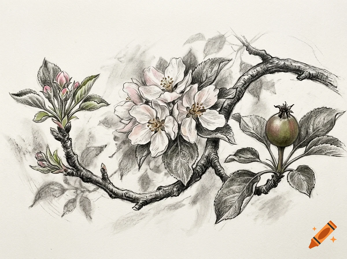 Botanical illustration of apple tree branches featuring white and pink blossoms, buds, leaves, and a developing green fruit.