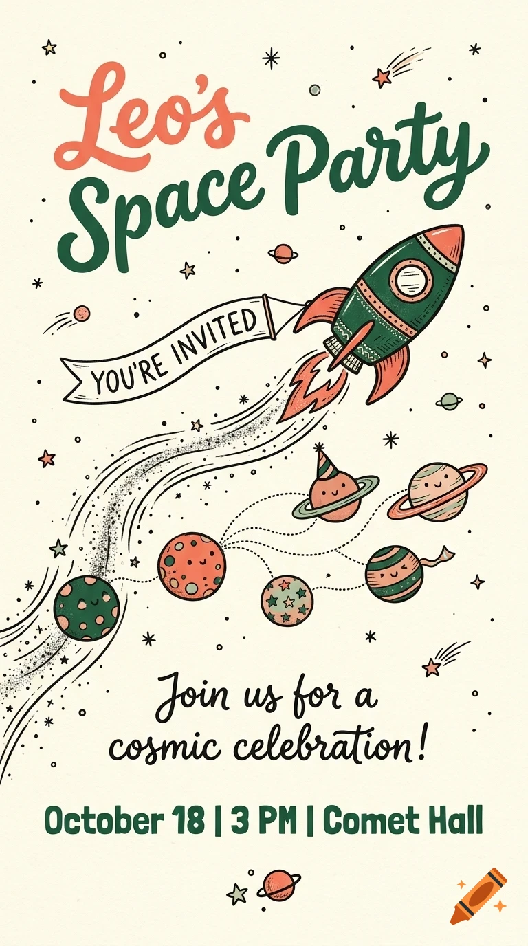 An illustrated invitation for Leo's Space Party featuring a rocket, planets, and stars.