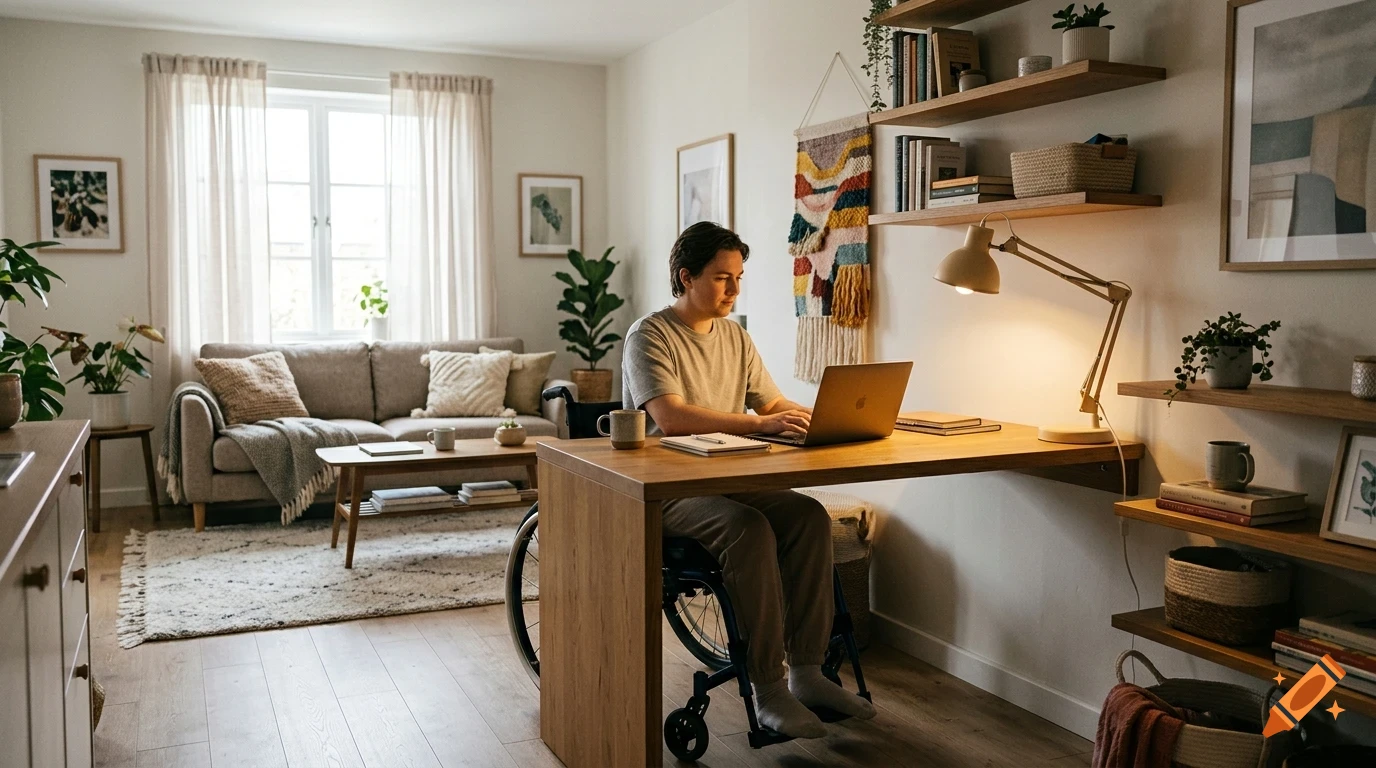 A person in a wheelchair working on a laptop at a wooden desk in a brightly lit living room.