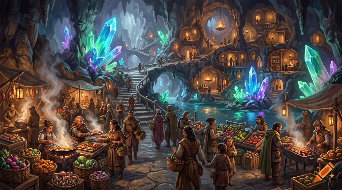 A bustling underground fantasy market scene with people shopping and glowing crystals in a cavern.