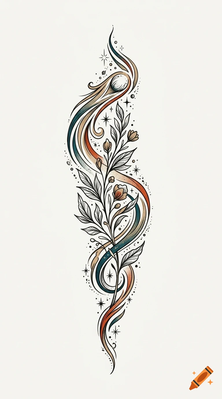 An ornate vector illustration of a botanical branch with flowers surrounded by swirling colorful ribbons and stars.