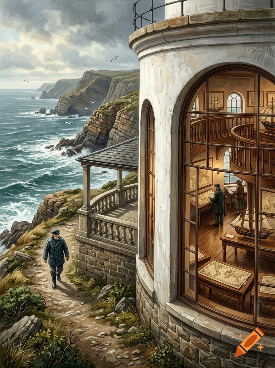 An illustrated coastal view showing a lighthouse cutaway with people examining maps and ship models inside, while a man in a captain's coat walks along a rocky cliff path outside.