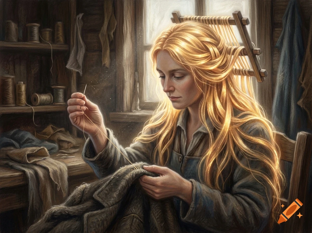 A blonde woman sits indoors, holding a needle and thread while sewing a garment in a rustic workshop.