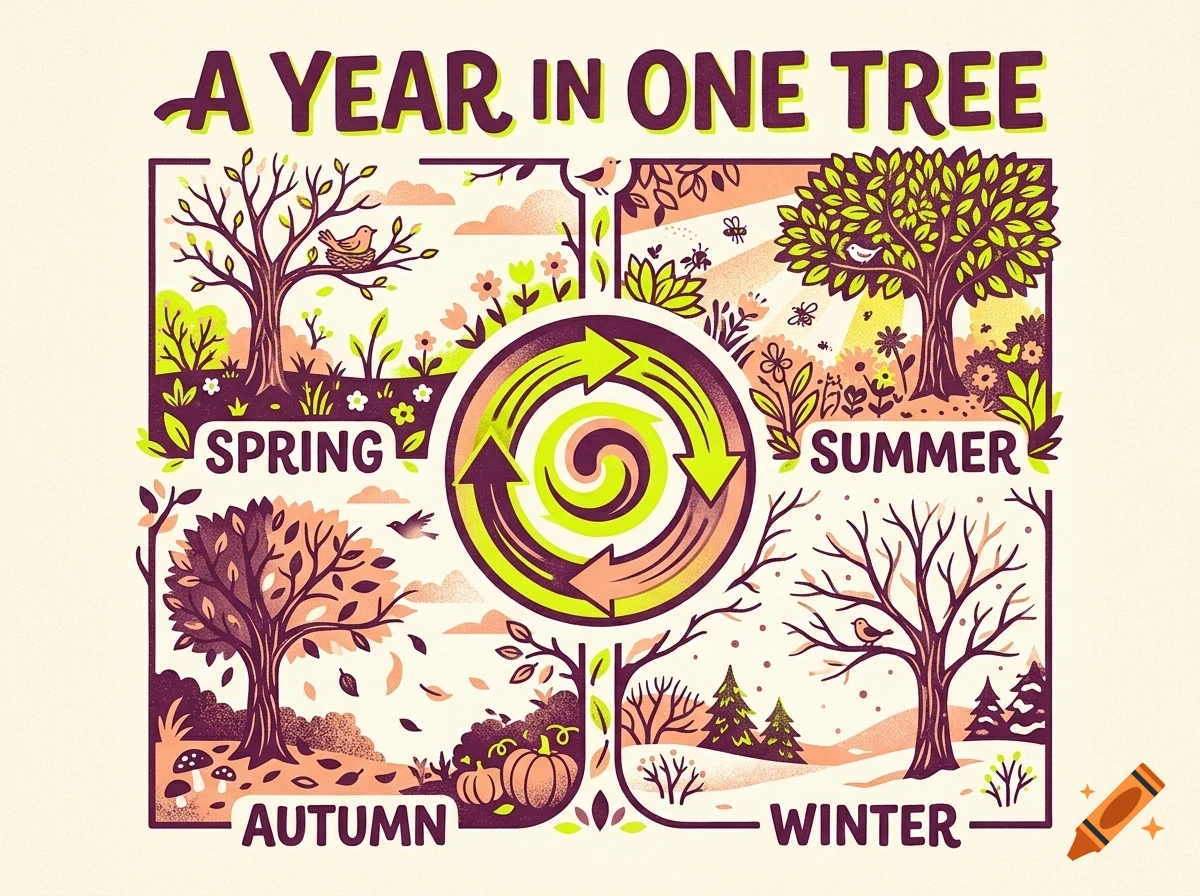 An illustrated diagram titled A Year In One Tree divided into four sections for spring, summer, autumn, and winter, surrounding a circular cycle graphic.