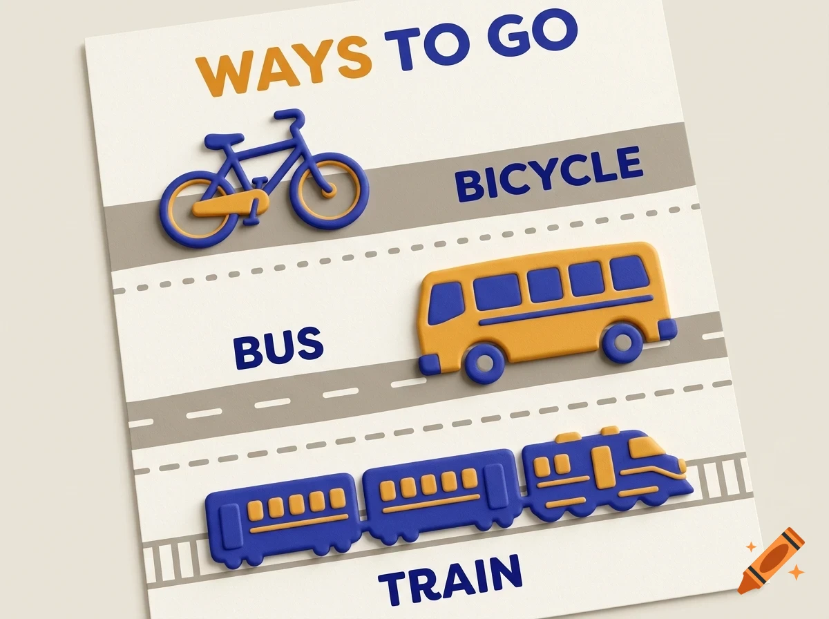 An educational illustration titled WAYS TO GO showing a blue bicycle, a yellow bus, and a blue train with text labels.