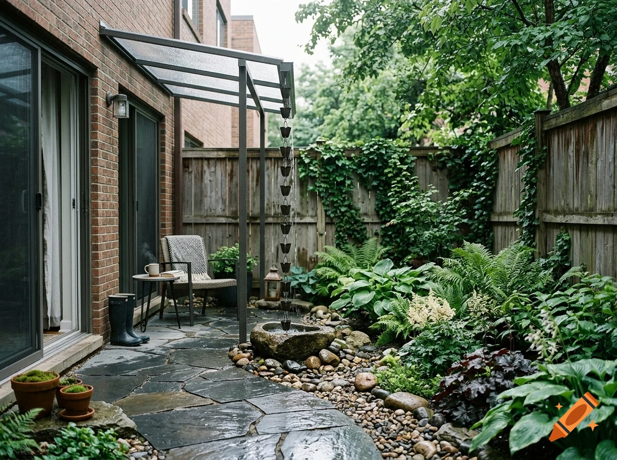 A lush backyard garden patio with a stone path, rain chain, lush ferns, and a chair beside a brick wall.